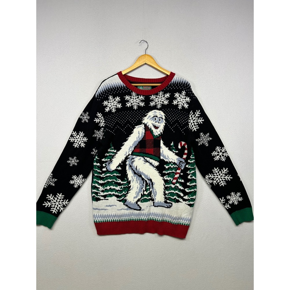 Holiday Tacky Ugly Christmas Sweater Mens XL Black Yeti Abominable Snowman Knit